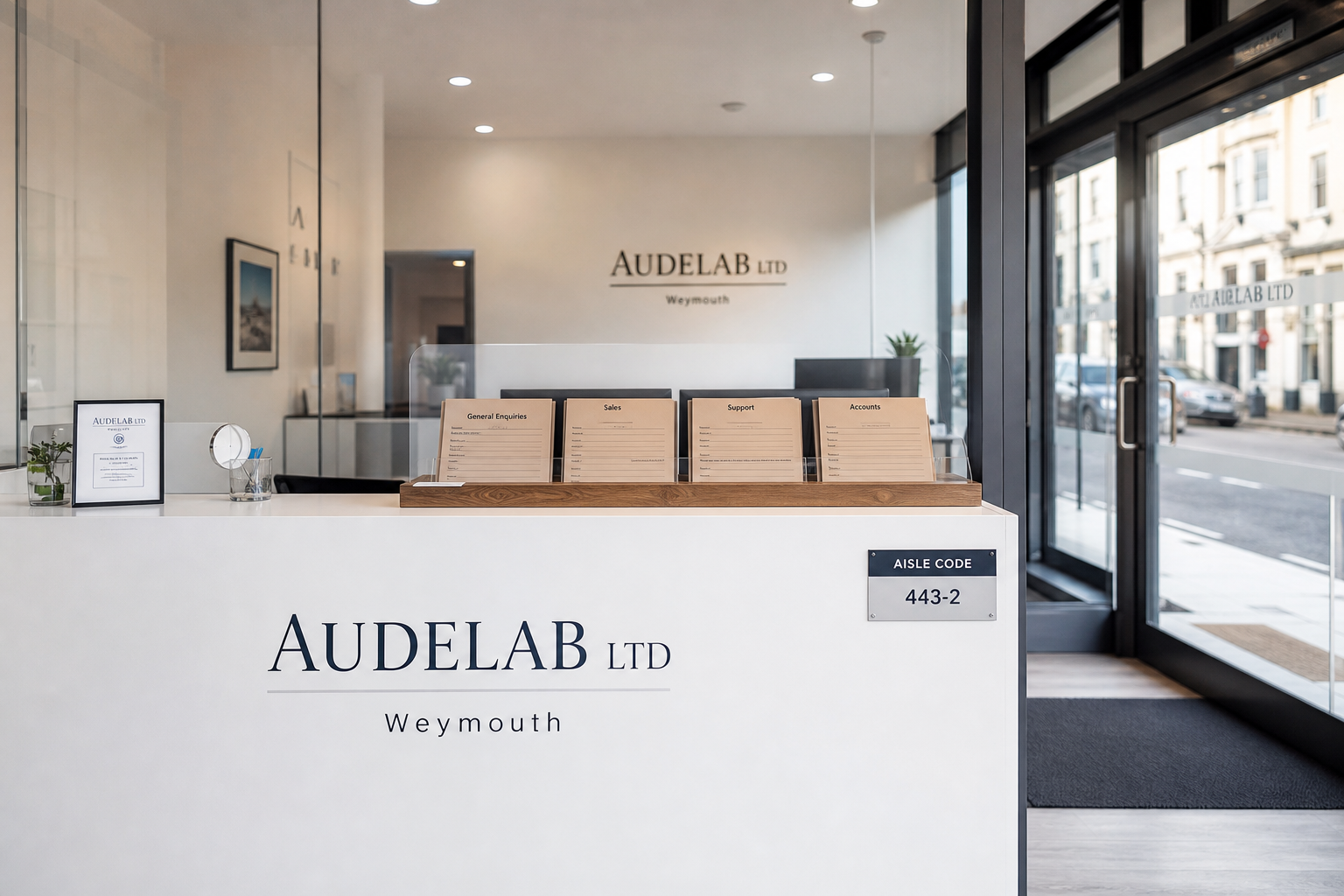 AUDELAB LTD customer service counter and contact workspace