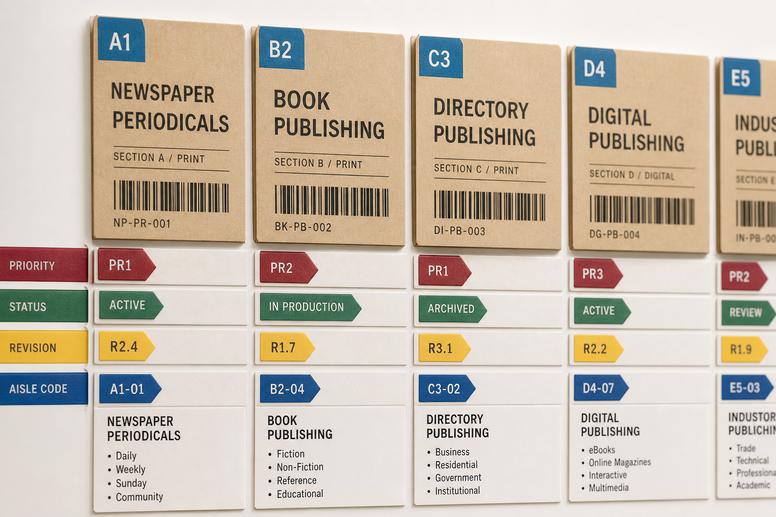 Close detail of category labels and shelf placement marks
