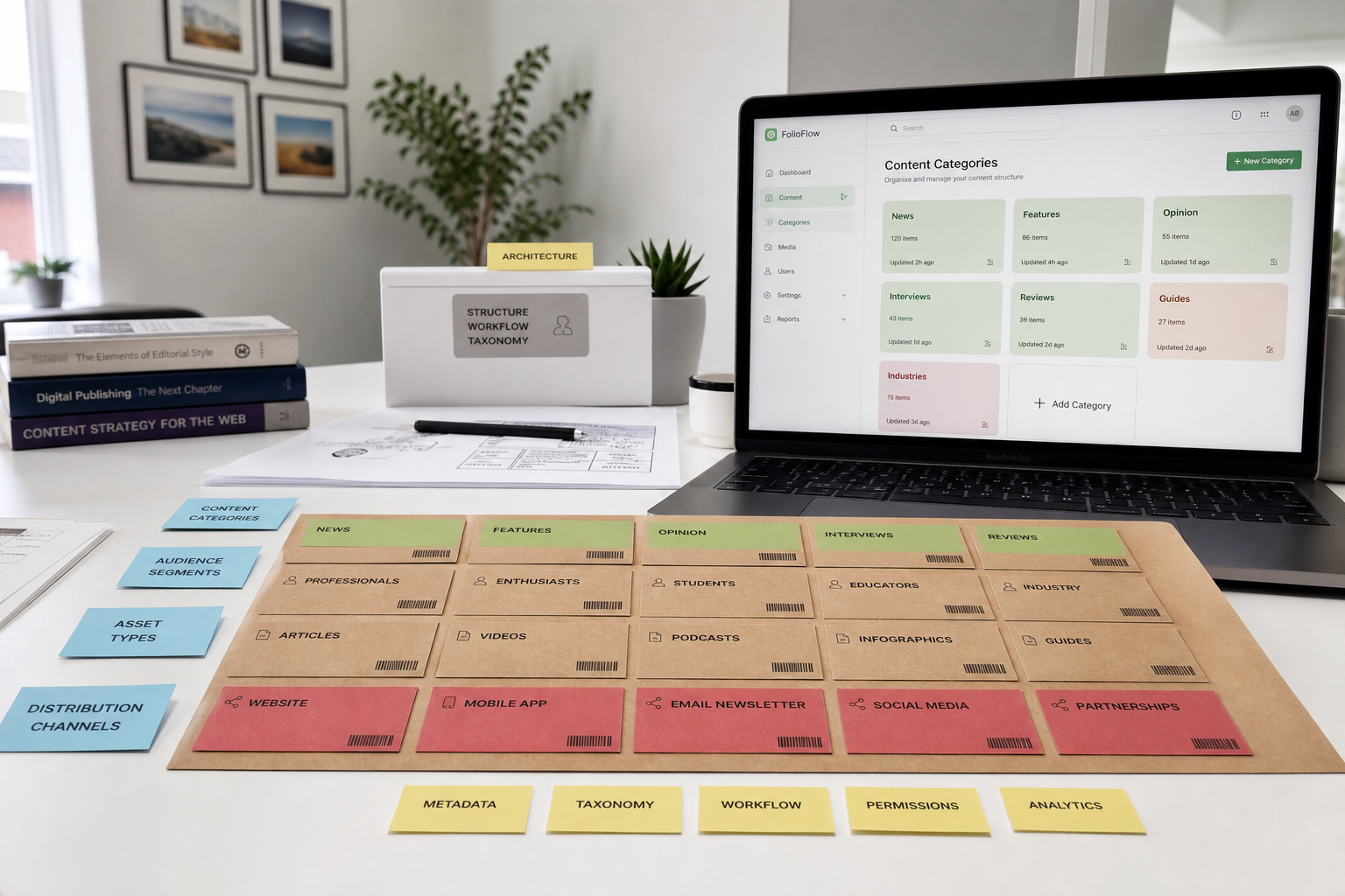 Curated digital publishing shelf wall with labelled category modules